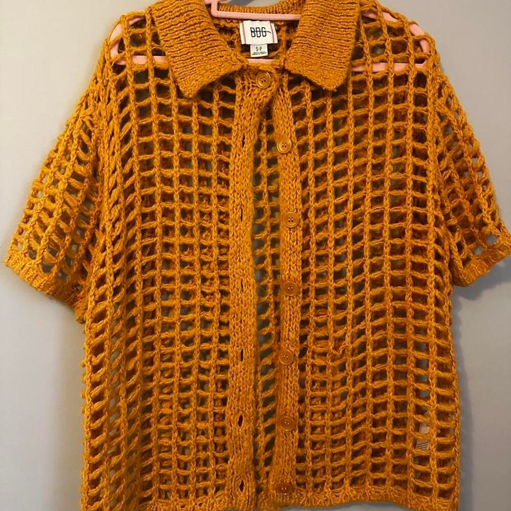 BBG Crochet Cardigan Womens S Mustard Gold Open Knit Collared Button Front Boho